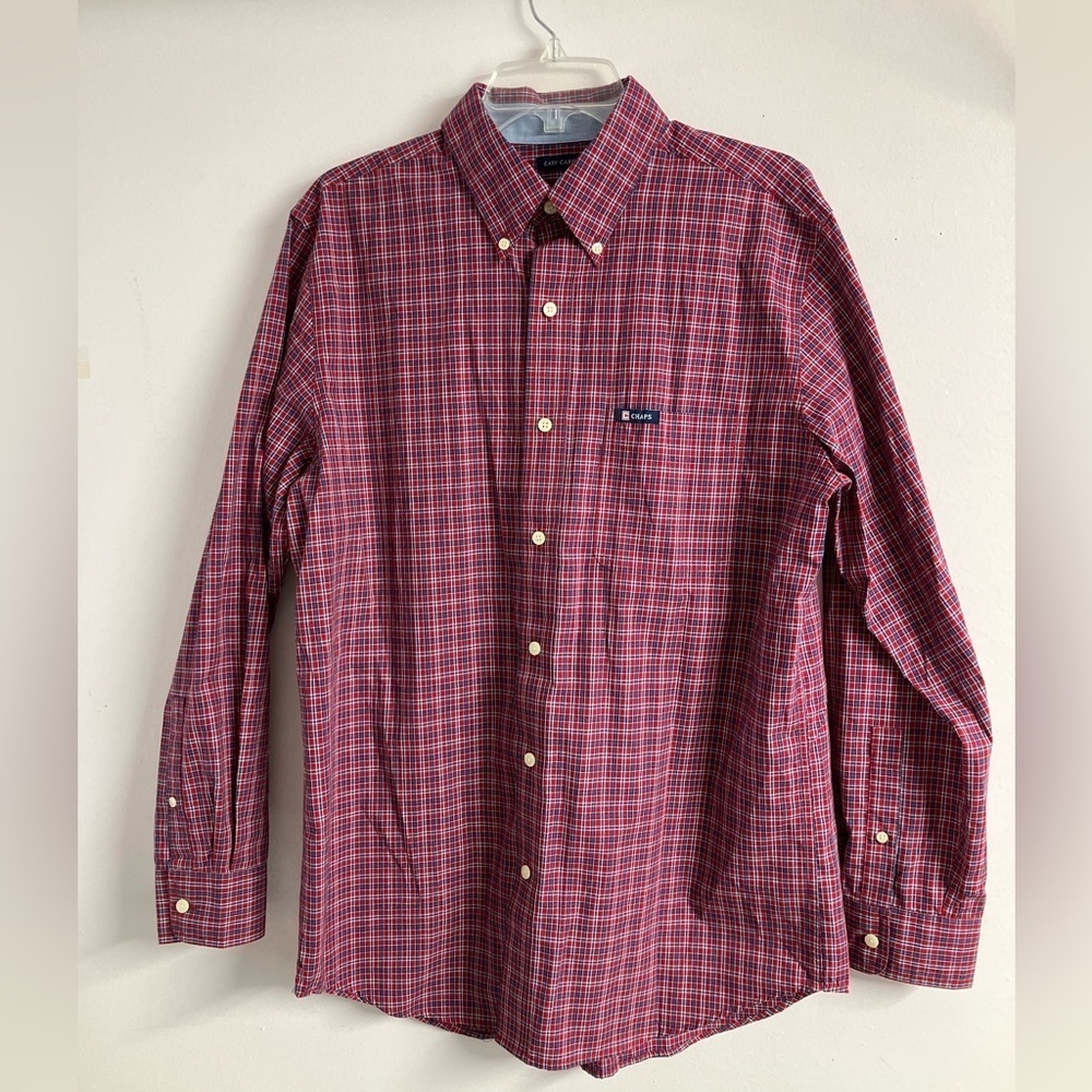 Chaps “Easy Care” Men’s Dress Shirt, Medium, Red/Blue/White Plaid